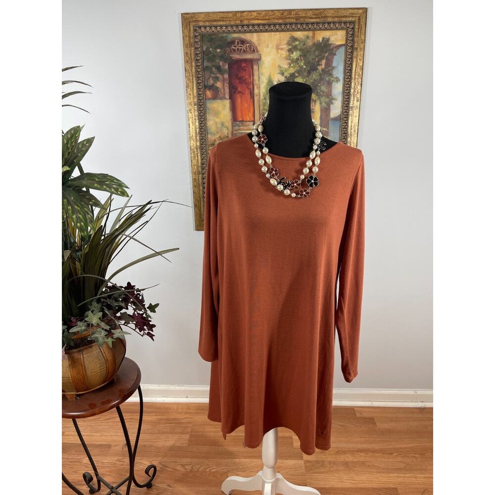 Lisa Rinna Tunic Top Women's Medium Brown Slit Crew Neck Boxy Minimalist
